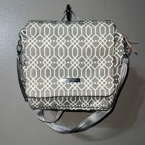 Petunia Pickle Bottom boxy backpack diaper bag In grey and white design. GUC